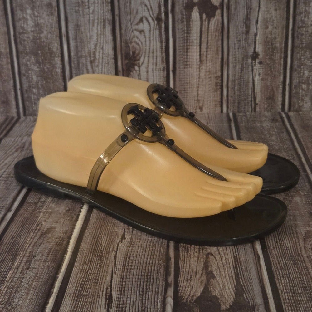 Sz 9 Tory Burch Mini Miller Jelly Sandals Black Translucent Thong Logo VGUC! - Picture 3 of 6